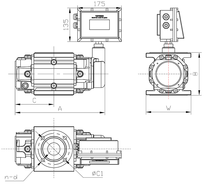 DN25氣體羅茨流量計(jì)外形尺寸圖